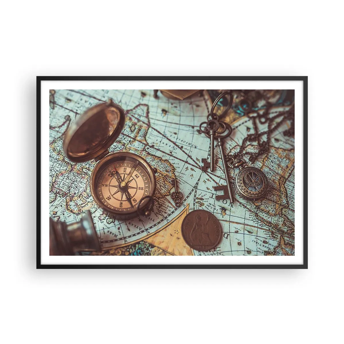 Poster in cornice nera - Composizione con bussola, chiavi e una vecchia mappa in stile retrò - 100x70cm - Per il cercatore di avventure - Decorazione murale moderna per soggiorno e camera da letto ARTTOR