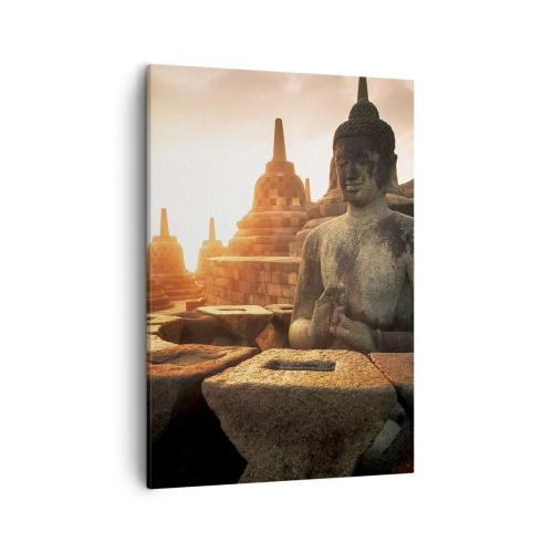 Quadro su tela - Stampe su Tela - Statua del Buddha al tempio di Borobudur al tramonto - 50x70cm - La pagoda della grande saggezza - Decorazione murale moderna per soggiorno e camera da letto ARTTOR