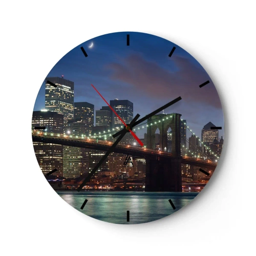 Orologio da parete - Orologio in Vetro - Ponte di Brooklyn con vista sulla città di notte - 30x30cm - Notte illuminata - Decorazione murale moderna per soggiorno, cucina e camera da letto ARTTOR