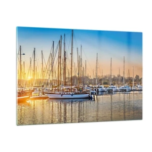Quadro su vetro - Un porto turistico pieno di barche a vela alla luce del sole al tramonto - 120x80cm - Anche il vento va a dormire - Decorazione murale moderna per soggiorno e camera da letto ARTTOR