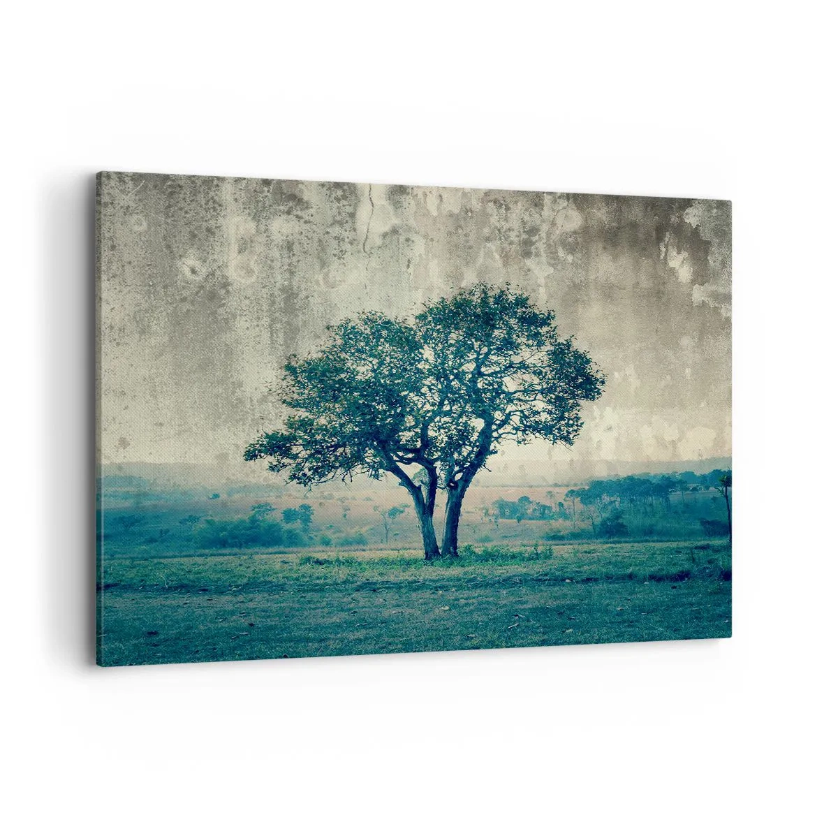 Quadro su tela - Stampe su Tela - Un albero solitario contro un paesaggio nebbioso - 120x80cm - Un melo su un prato blu? - Decorazione murale moderna per soggiorno e camera da letto ARTTOR