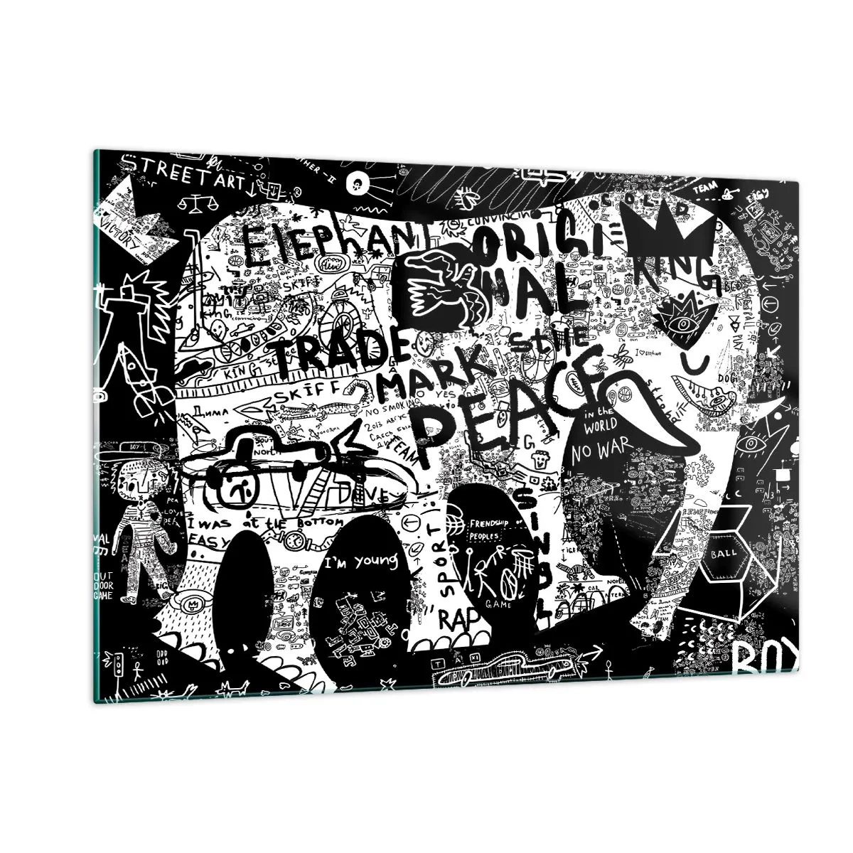 Quadro su vetro - Immagine di graffiti in bianco e nero con temi di pace e libertà - 120x80cm - Il ricco mondo della strada - Decorazione murale moderna per soggiorno e camera da letto ARTTOR
