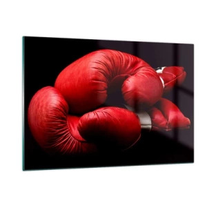Quadro su vetro - Guantoni da boxe rossi su sfondo nero - 120x80cm - Dopo le emozioni del combattimento - Decorazione murale moderna per soggiorno e camera da letto ARTTOR