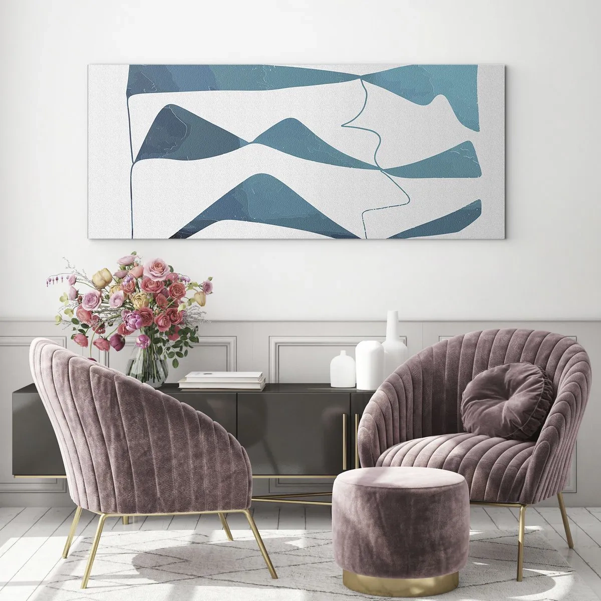 Quadro su vetro - Forme astratte nelle tonalità del blu su sfondo bianco - 160x50cm - Astrazione: legame turchese - Decorazione murale moderna per soggiorno e camera da letto ARTTOR