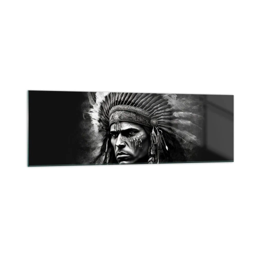 Quadro su vetro - Ritratto di un capo con un copricapo piumato su sfondo nero - 160x50cm - Capo e guerriero - Decorazione murale moderna per soggiorno e camera da letto ARTTOR