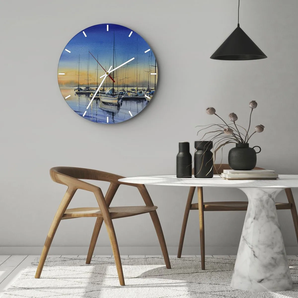 Orologio da parete - Orologio in Vetro - Barche a vela in acqua al tramonto in un porto tranquillo - 30x30cm - La fine di una buona giornata - Decorazione murale moderna per soggiorno, cucina e camera da letto ARTTOR