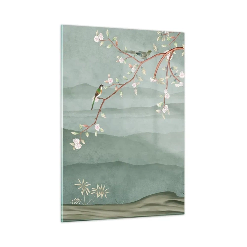 Quadro su vetro - Un ramo con fiori e uccelli sullo sfondo di verdi colline - 50x70cm - Eccoti primavera - Decorazione murale moderna per soggiorno e camera da letto ARTTOR