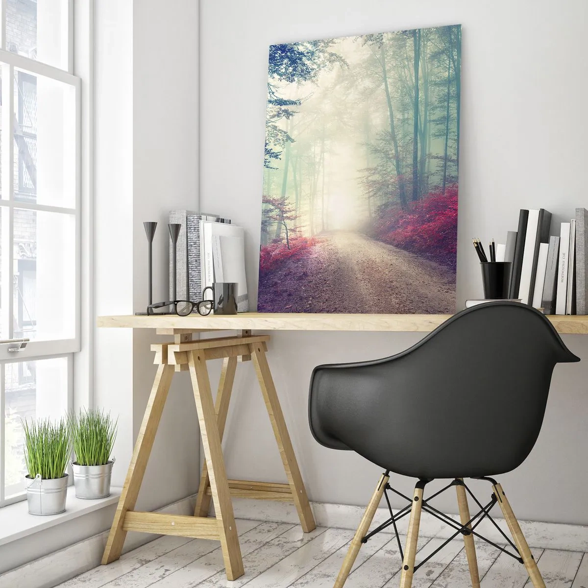 Quadro su vetro - Strada forestale nella nebbia con accenti rossi - 50x70cm - Come è bello alzarsi all'alba - Decorazione murale moderna per soggiorno e camera da letto ARTTOR