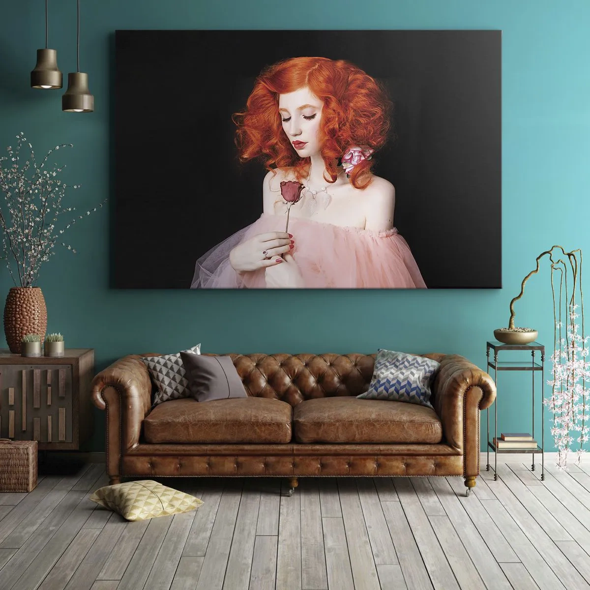 Quadro su tela - Stampe su Tela - Una donna con i capelli rossi che tiene una rosa - 70x50cm - In stile barocco - Decorazione murale moderna per soggiorno e camera da letto ARTTOR