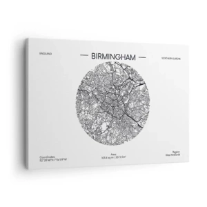 Quadro su tela - Stampe su Tela - Una mappa minimalista in bianco e nero di Birmingham con dettagli precisi. - 70x50cm - Anatomia di Birmingham - Decorazione murale moderna per soggiorno e camera da letto ARTTOR