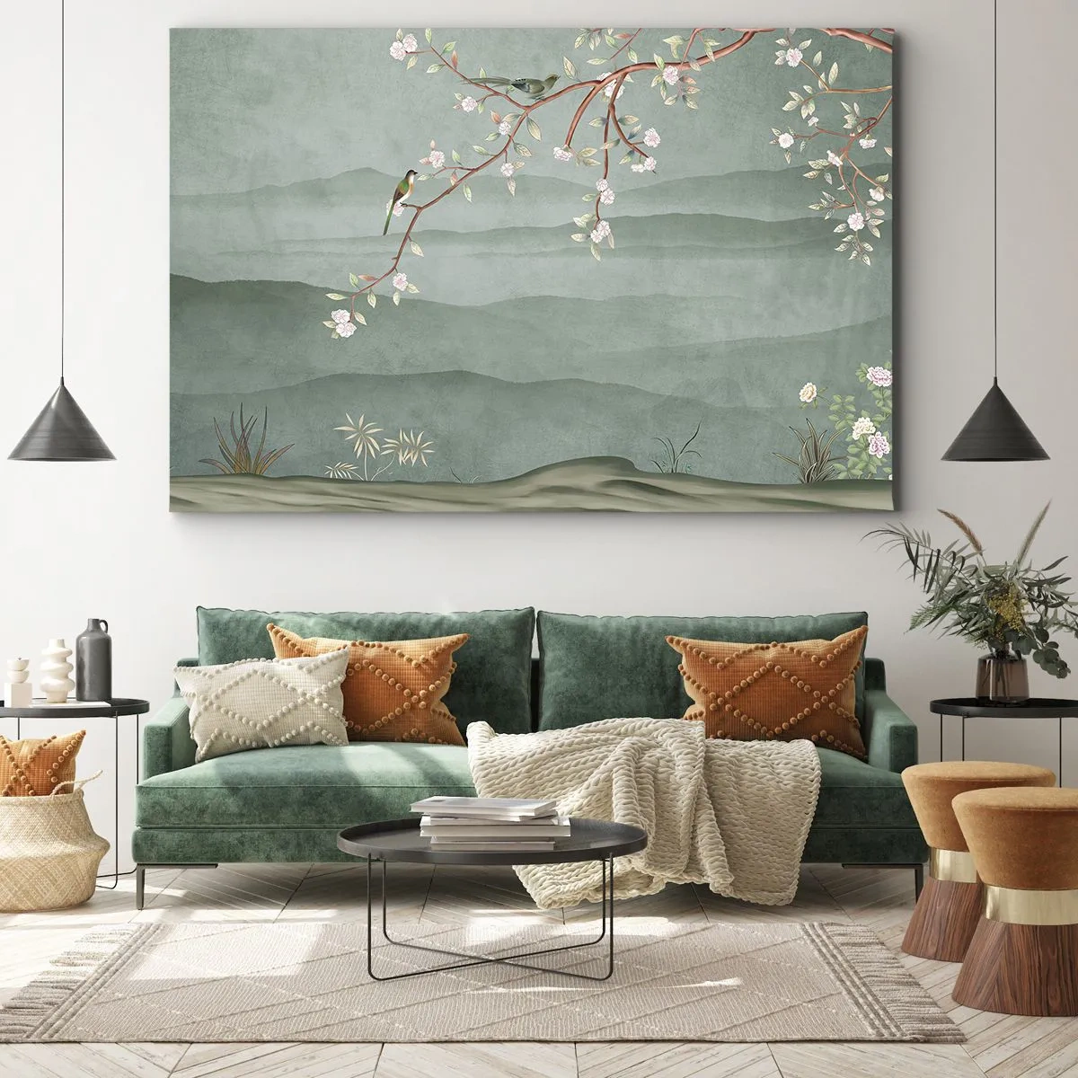 Quadro su tela - Stampe su Tela - Un'immagine pittoresca di un ramo di albero fiorito con uccelli sullo sfondo di verdi colline. - 70x50cm - Eccoti primavera - Decorazione murale moderna per soggiorno e camera da letto ARTTOR