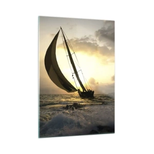 Quadro su vetro - Barche a vela in un mare in tempesta durante il tramonto - 50x70cm - Con il vento e controvento - Decorazione murale moderna per soggiorno e camera da letto ARTTOR