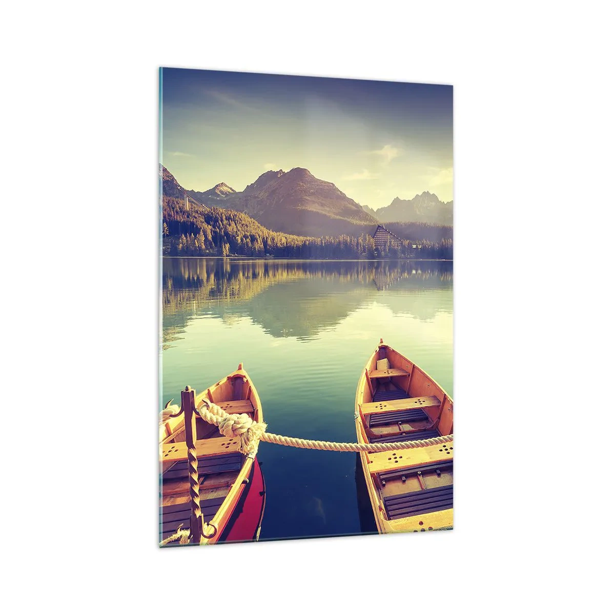 Quadro su vetro - Barche su un lago calmo circondato da montagne al tramonto - 70x100cm - Vivere secondo le sue leggi - Decorazione murale moderna per soggiorno e camera da letto ARTTOR