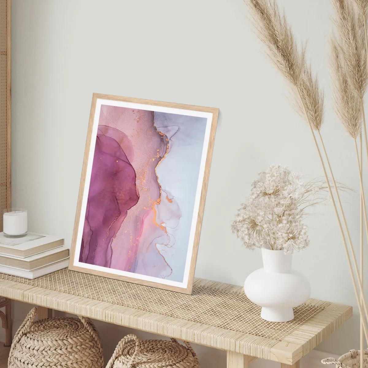 Poster in cornice rovere chiaro - Onde di lilla e viola - 61x91 cm