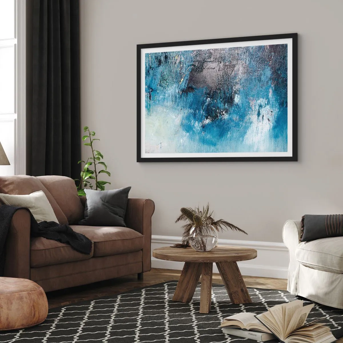 Poster in cornice nera - Pennellate astratte in tonalità di blu - 100x70cm - Rapsodia blu - Decorazione murale moderna per soggiorno e camera da letto ARTTOR