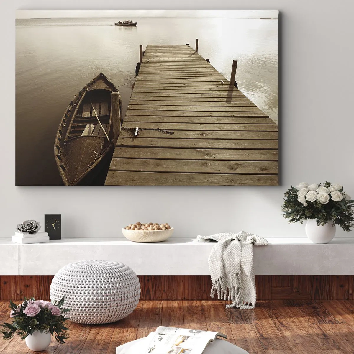 Quadro su tela - Stampe su Tela - Molo di legno e barca su un lago calmo - 120x80cm - La grande pace - Decorazione murale moderna per soggiorno e camera da letto ARTTOR