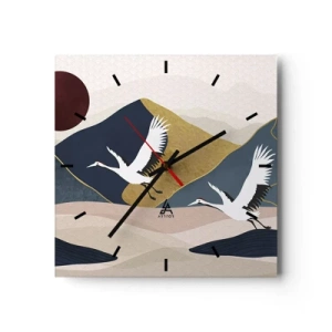 Orologio da parete - Orologio in Vetro - Gru in volo sullo sfondo di montagne e un sole rosso - 30x30cm - E la giornata è nuovamente VOLATA - Decorazione murale moderna per soggiorno e camera da letto ARTTOR