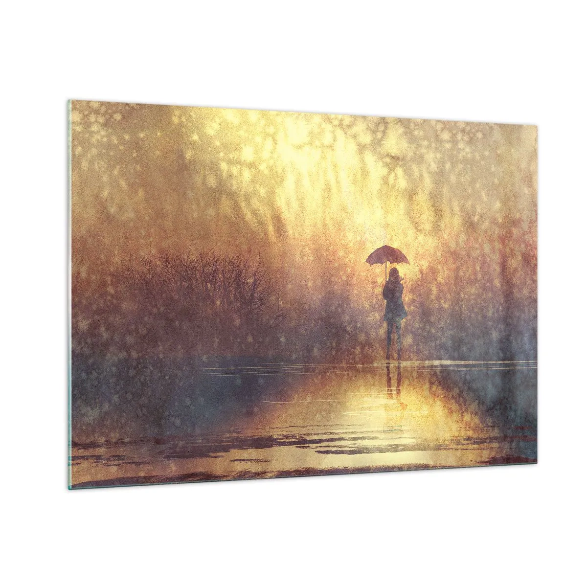Quadro su vetro - Una figura con un ombrello alla luce del sole al tramonto e della pioggia - 100x70cm - Sento che qualcuno mi guarda - Decorazione murale moderna per soggiorno e camera da letto ARTTOR