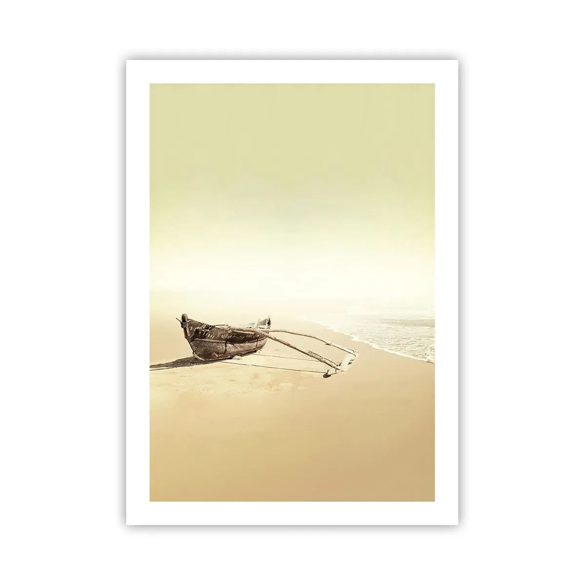 Poster - Una solitaria barca di legno su una spiaggia deserta dai colori pastello. - 50x70cm - Ricordo dei mari del sud - Decorazione murale moderna per soggiorno e camera da letto ARTTOR