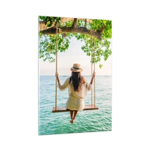 Quadro su vetro - Donna su un'altalena in riva al mare in un paesaggio tropicale - 80x120cm - La vita è bella - Decorazione murale moderna per soggiorno e camera da letto ARTTOR