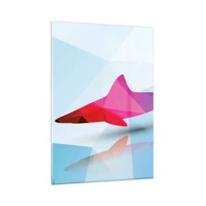 Quadro su vetro - Squalo geometrico nei toni del rosso e del blu - 50x70cm - Squalo nello spazio di cristallo - Decorazione murale moderna per soggiorno e camera da letto ARTTOR