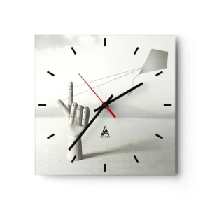 Orologio da parete - Orologio in Vetro - Una mano di legno minimalista con un aquilone su uno sfondo paesaggistico. - 30x30cm - Prova di forza - Decorazione murale moderna per soggiorno e camera da letto ARTTOR