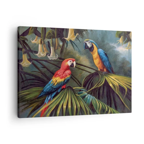 Quadro su tela - Stampe su Tela - Pappagalli in una foresta tropicale con fiori esotici sullo sfondo - 70x50cm - Romanticità ai tropici - Decorazione murale moderna per soggiorno e camera da letto ARTTOR