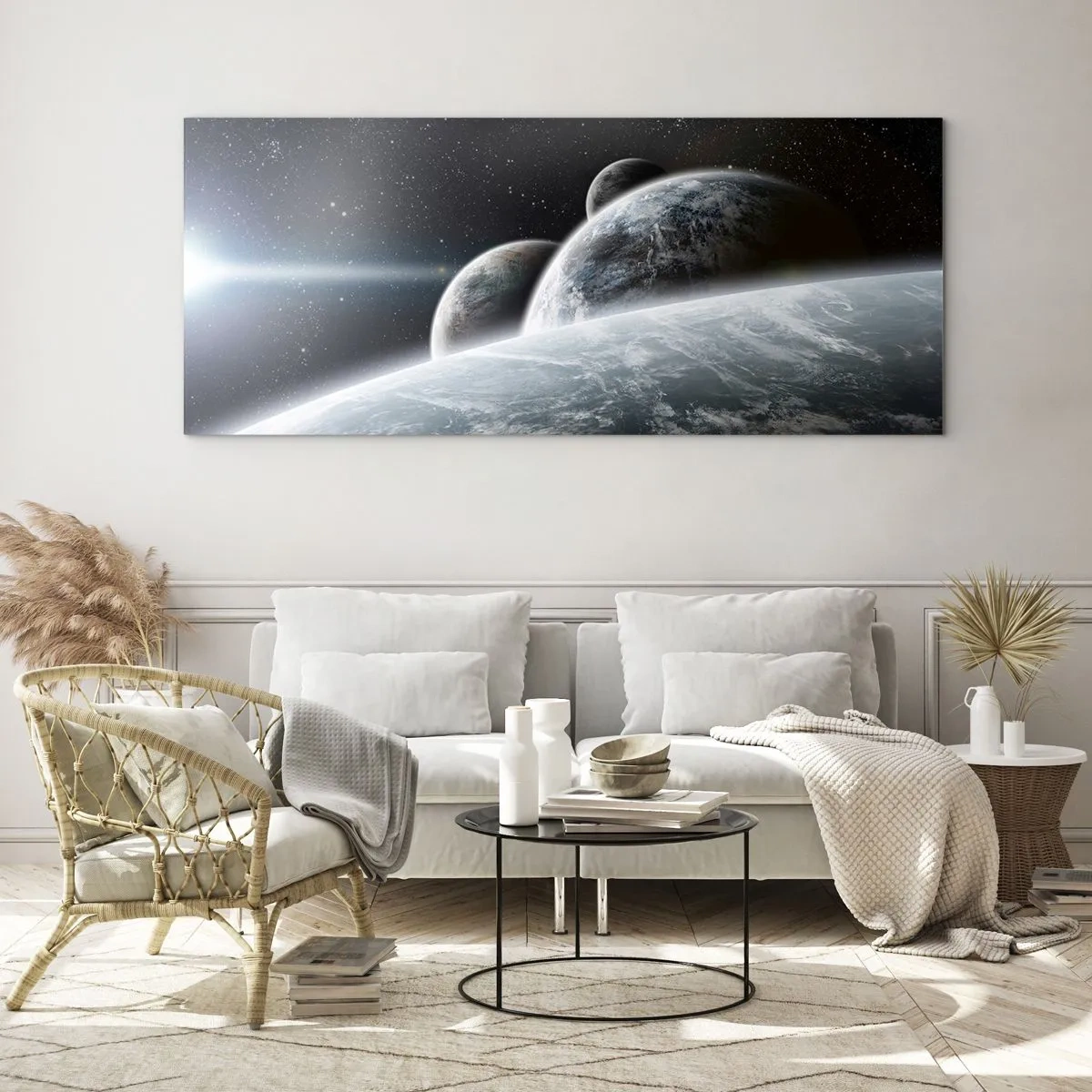 Quadro su vetro - Pianeti nello spazio sullo sfondo di stelle e galassie - 120x50cm - La musica delle sfere celesti - Decorazione murale moderna per soggiorno e camera da letto ARTTOR