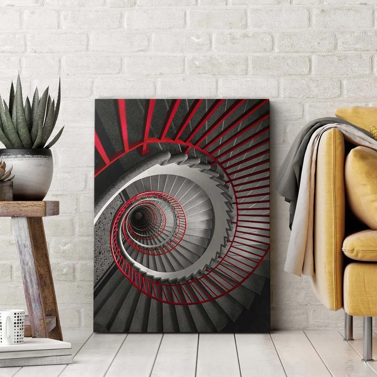 Quadro su tela - Stampe su Tela - Scala a chiocciola con corrimano rossi in prospettiva dinamica - 50x70cm - I giochi dell'architettura - Decorazione murale moderna per soggiorno e camera da letto ARTTOR