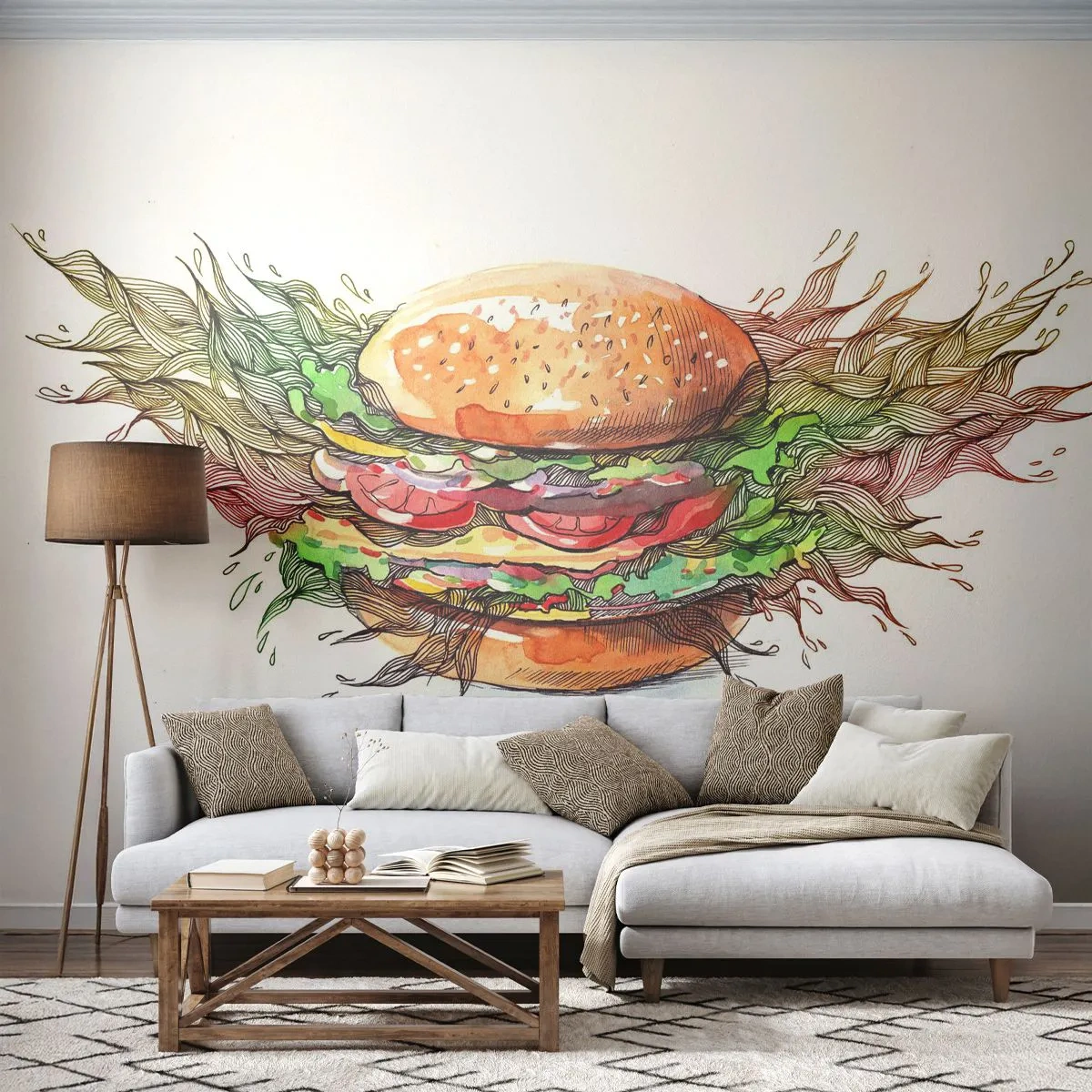 Fotomurali Autoadesivo Deluxe Sticker - Una tentazione calda - Gastronomia, Hamburger, Culinario - 300x210 cm