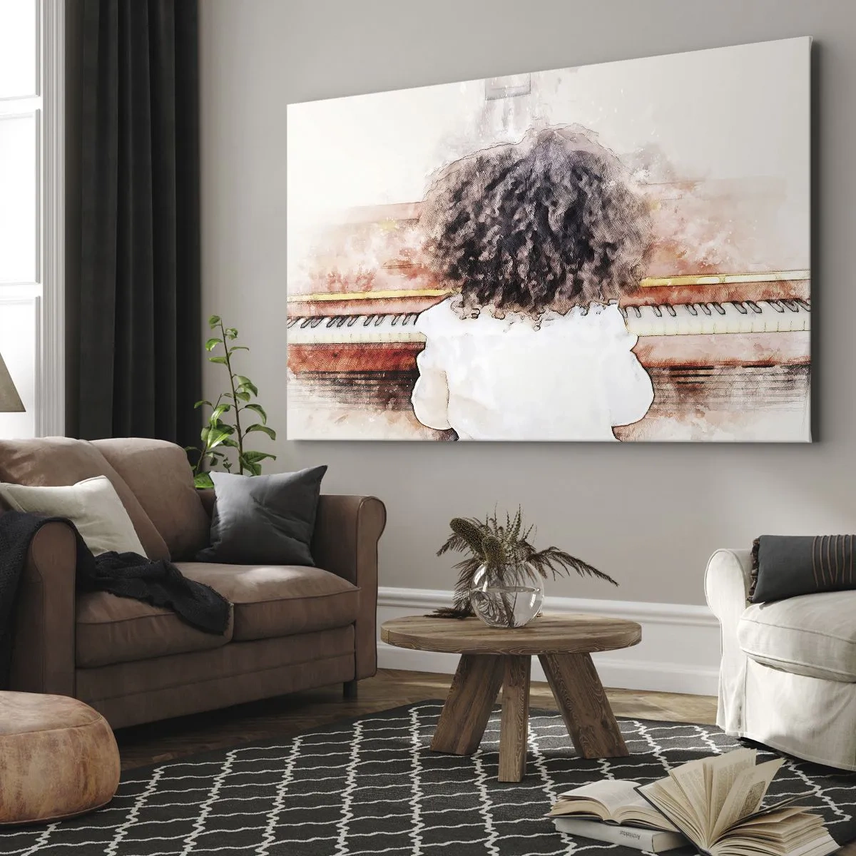 Quadro su tela - Stampe su Tela - Una ragazza con i capelli folti al pianoforte - 70x50cm - Nel nuovo mondo - Decorazione murale moderna per soggiorno e camera da letto ARTTOR
