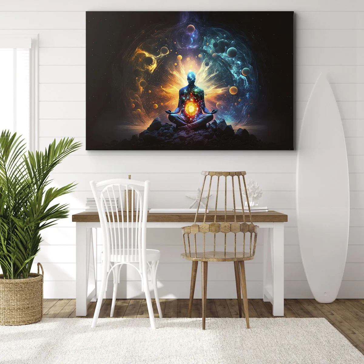 Quadro su tela - Stampe su Tela - Una figura in meditazione circondata da un'aura cosmica - 120x80cm - Pace cosmica - Decorazione murale moderna per soggiorno e camera da letto ARTTOR