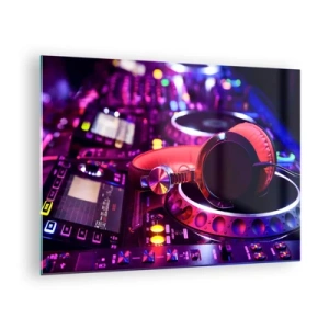 Quadro su vetro - Attrezzatura DJ colorata con cuffie rosse - 70x50cm - Prima che inizi la festa - Decorazione murale moderna per soggiorno e camera da letto ARTTOR