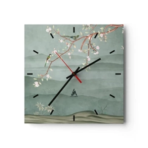 Orologio da parete - Orologio in Vetro - Un'immagine pittoresca di un ramo di albero fiorito con uccelli sullo sfondo di verdi colline. - 30x30cm - Eccoti primavera - Decorazione murale moderna per soggiorno e camera da letto ARTTOR