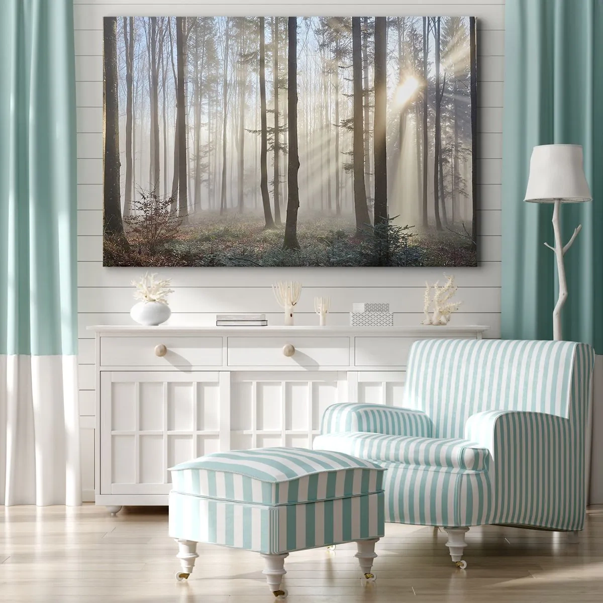 Quadro su tela - Stampe su Tela - Una foresta in una leggera nebbia con raggi di sole che brillano attraverso gli alberi - 120x80cm - Anche la nebbia si è svegliata - Decorazione murale moderna per soggiorno e camera da letto ARTTOR