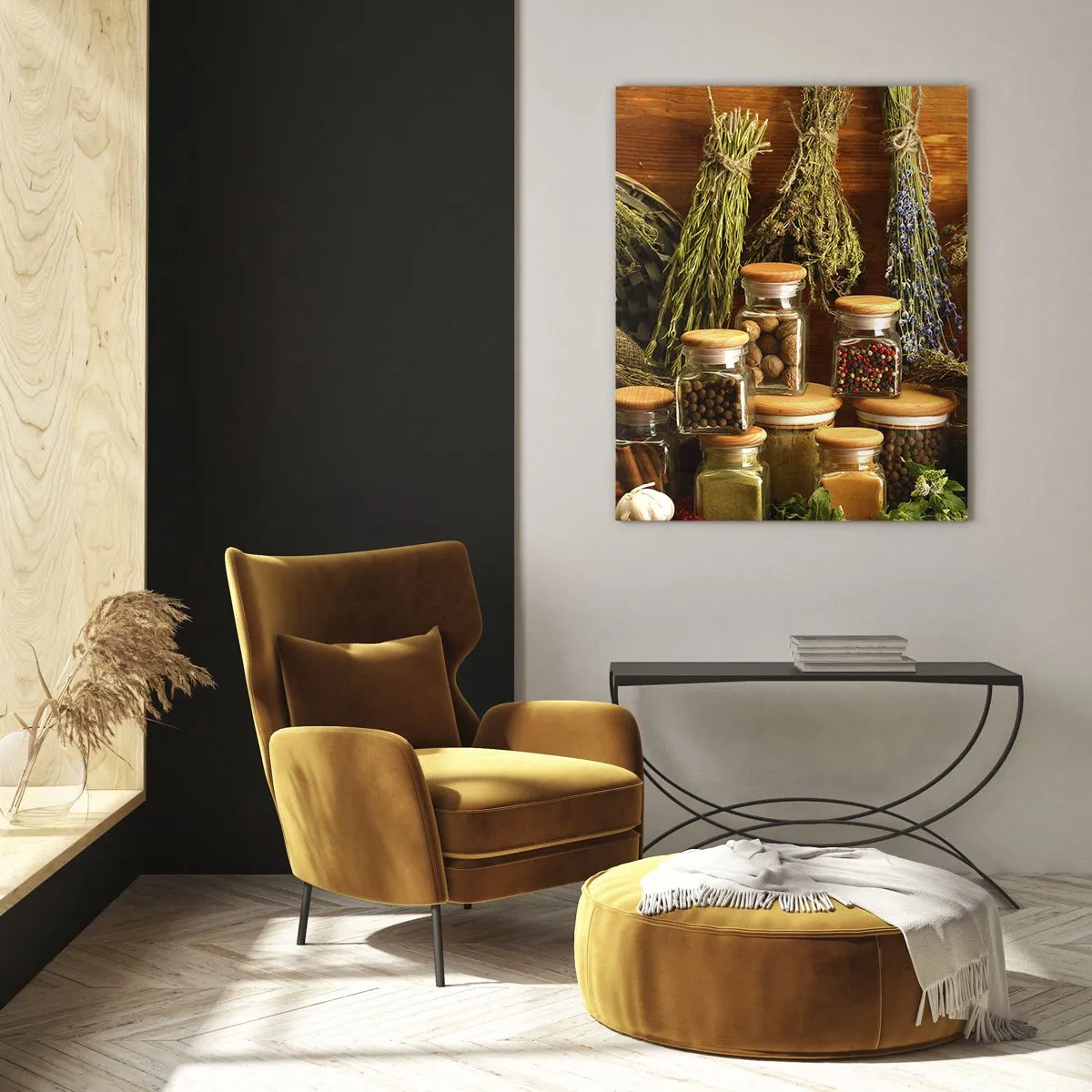 Quadro su vetro - Erbe e spezie in barattoli su uno sfondo rustico - 70x100cm - Magie di cucina - Decorazione murale moderna per soggiorno e camera da letto ARTTOR