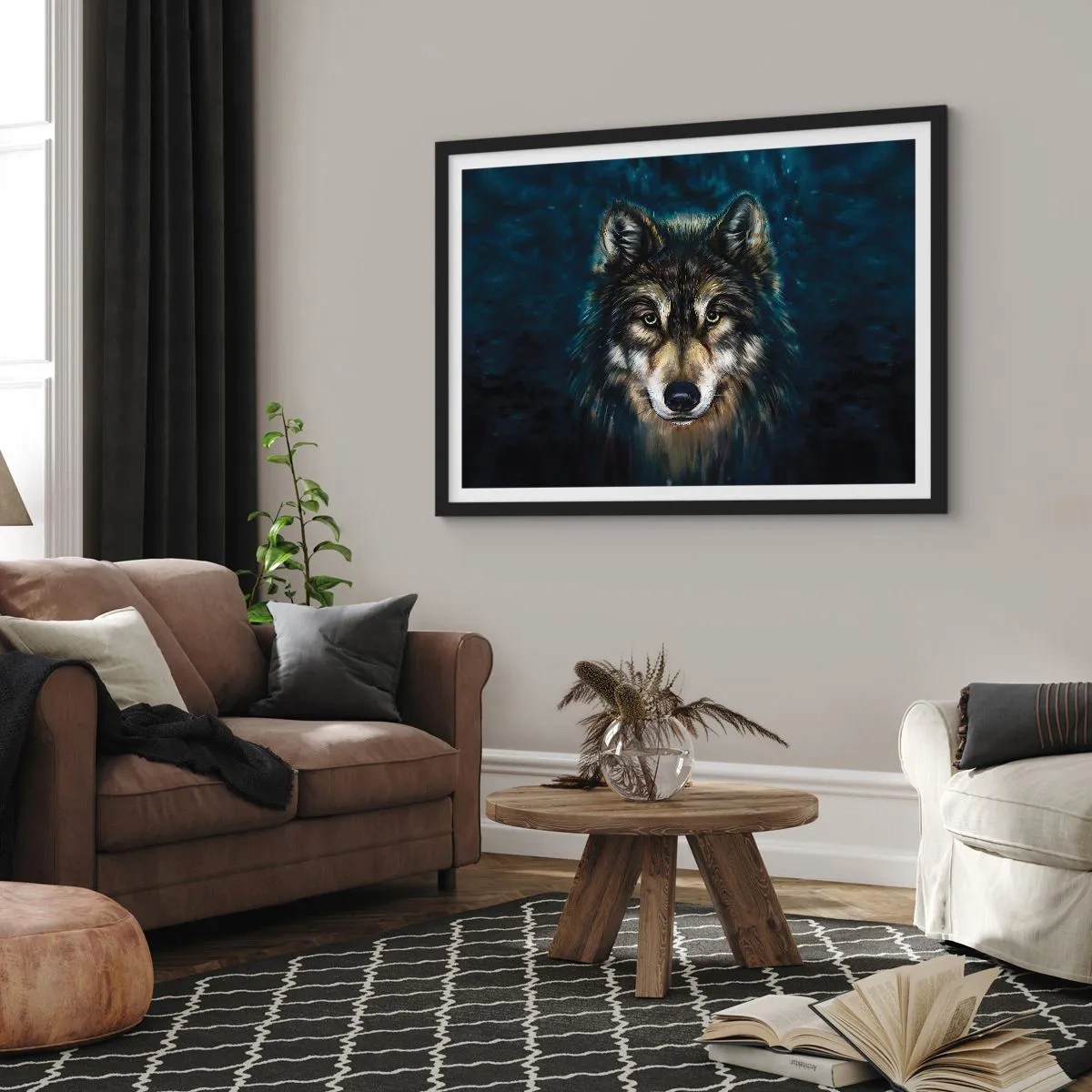 Poster in cornice nera - Ritratto di un lupo su sfondo blu scuro - 100x70cm - Alfa? E omega - Decorazione murale moderna per soggiorno e camera da letto ARTTOR