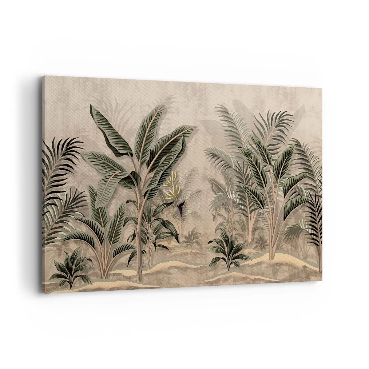 Quadro su tela - Stampe su Tela - Palme e vegetazione tropicale nei toni del verde su sfondo beige - 120x80cm - Incisione in stile coloniale - Decorazione murale moderna per soggiorno e camera da letto ARTTOR