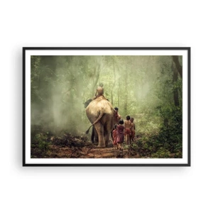 Poster in cornice nera - Bambini con un elefante in una foresta verde alla luce del mattino - 100x70cm - Il nuovo Libro della Giungla - Decorazione murale moderna per soggiorno e camera da letto ARTTOR