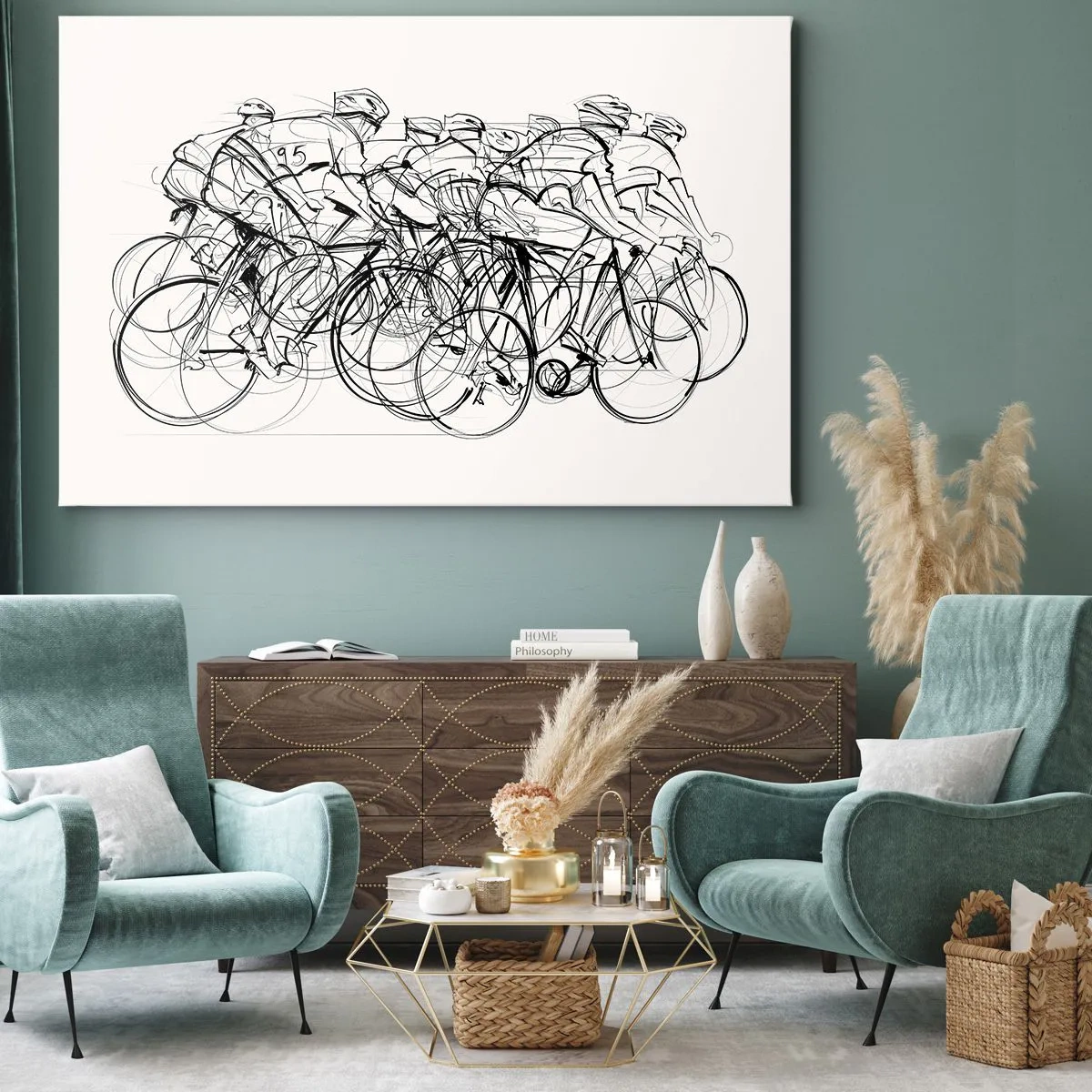 Quadro su tela - Stampe su Tela - Un gruppo di ciclisti in movimento in stile minimalista - 70x50cm - Insieme - Decorazione murale moderna per soggiorno e camera da letto ARTTOR