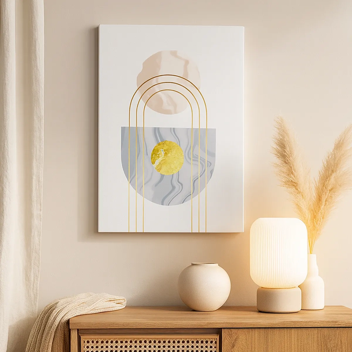 Quadro su tela - Stampe su Tela - Composizione astratta con cerchi e linee dorate su uno sfondo chiaro. - 50x70cm - Chiarezza e lucentezza - Decorazione murale moderna per soggiorno e camera da letto ARTTOR