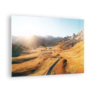 Quadro su vetro - Una strada tortuosa in una valle dorata illuminata dal sole - 70x50cm - Nella valle dorata - Decorazione murale moderna per soggiorno e camera da letto ARTTOR
