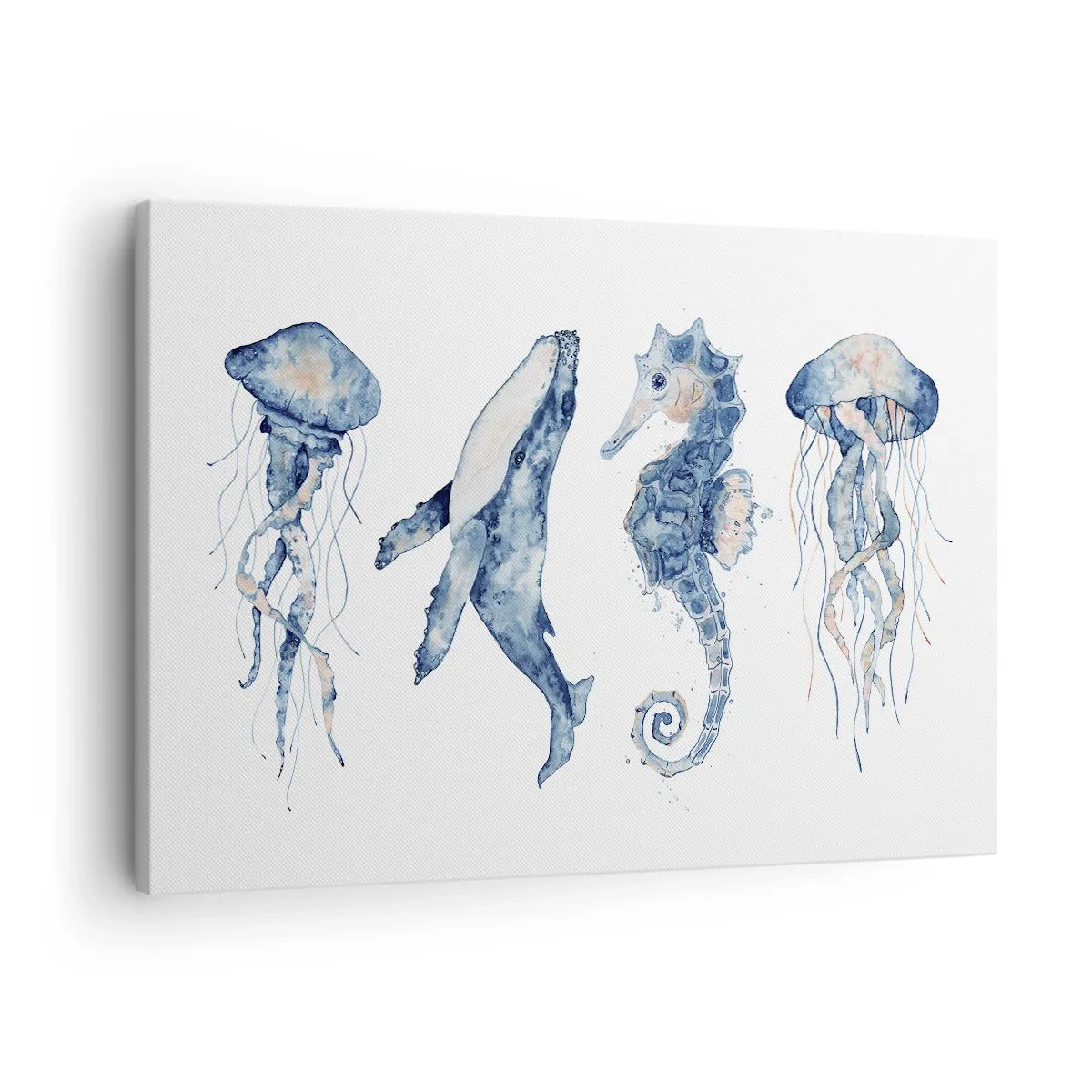 Quadro su tela - Stampe su Tela - Medusa, balena e cavalluccio marino in stile acquerello - 70x50cm - Meraviglie del mare - Decorazione murale moderna per soggiorno e camera da letto ARTTOR