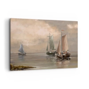 Quadro su tela - Stampe su Tela - Barche a vela su un mare calmo in un ambiente pastello - 100x70cm - Il ritorno dei marinai - Decorazione murale moderna per soggiorno e camera da letto ARTTOR