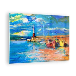 Quadro su vetro - Rainbow Bay con un faro e barche colorate nel porto - 70x50cm - Pomeriggio nell'insenatura multicolore - Decorazione murale moderna per soggiorno e camera da letto ARTTOR
