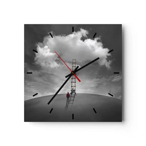 Orologio da parete - Orologio in Vetro - Una persona con un cappotto rosso e una scala che porta a una nuvola - 30x30cm - Tutto è possibile - Decorazione murale moderna per soggiorno e camera da letto ARTTOR