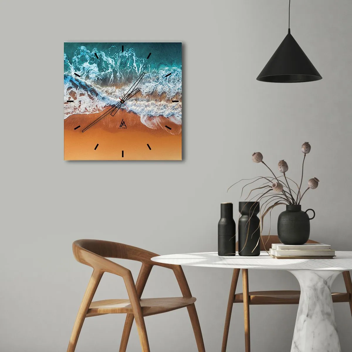 Orologio da parete - Orologio in Vetro - Vista aerea delle onde dell'oceano che si infrangono sulla riva - 30x30cm - Sempre in coppia - Decorazione murale moderna per soggiorno e camera da letto ARTTOR