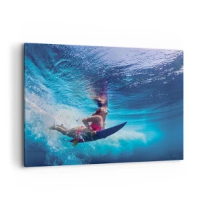 Quadro su tela - Stampe su Tela - Un surfista sott'acqua in una composizione dinamica nei toni del blu. - 100x70cm - La profondità della gioia - Decorazione murale moderna per soggiorno e camera da letto ARTTOR