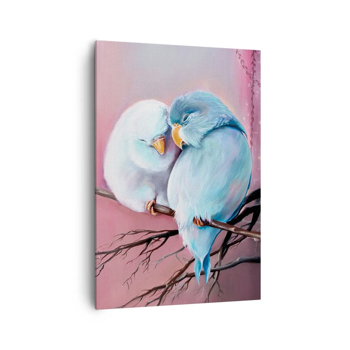 Quadro su tela - Stampe su Tela - Due uccelli innamorati su un ramo su uno sfondo rosa - 70x100cm - Che cosa aggiungere? - Decorazione murale moderna per soggiorno e camera da letto ARTTOR