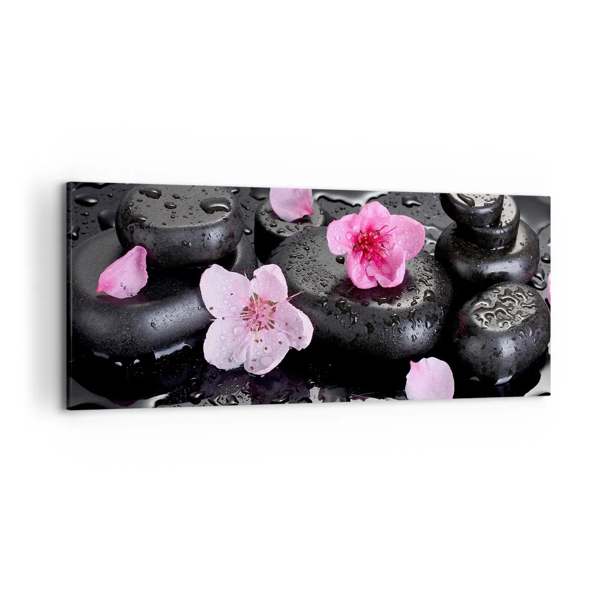 Quadro su tela - Stampe su Tela - Pietre nere e fiori rosa in stile spa - 120x50cm - E il cuore si libera di un peso - Decorazione murale moderna per soggiorno e camera da letto ARTTOR